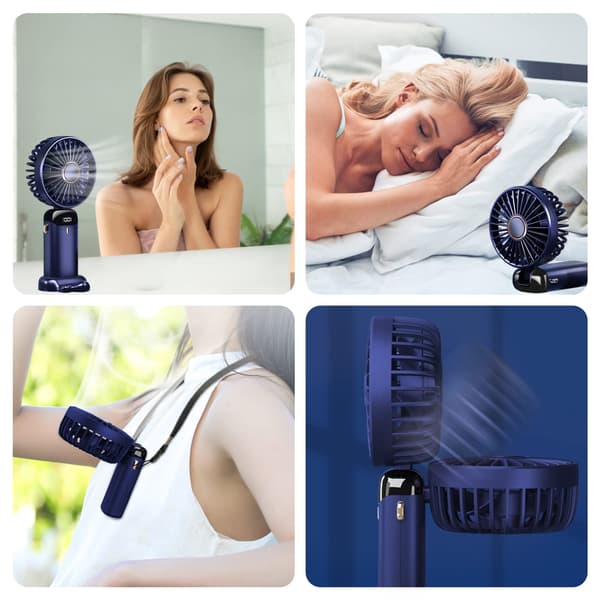 USB-genopladelig bærbar ventilator — 5 hastigheder, foldbar mini-bordventilator med LED-display (mørkeblå)