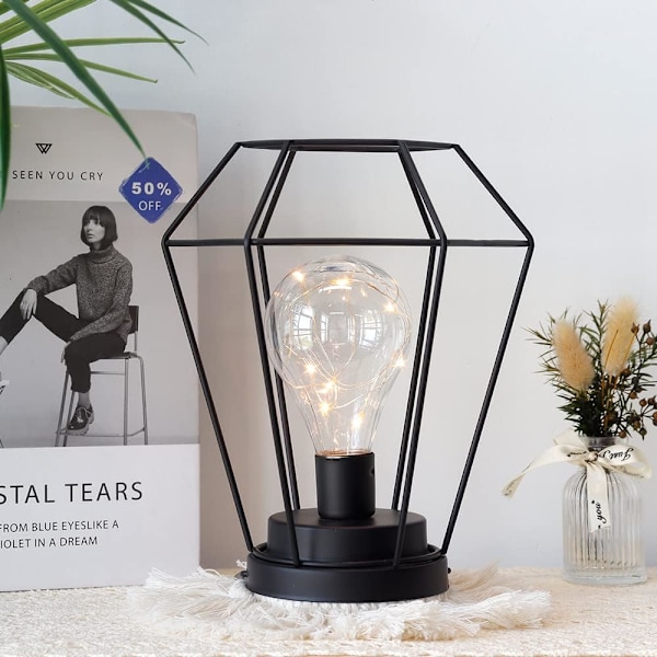 Diamantbordlampe batteridrevet, 21 cm høy bur trådløs lampe dekor hengende trådløs lampe nattbordslampe for bord hjem balkong soverom bryllup Diamond Black