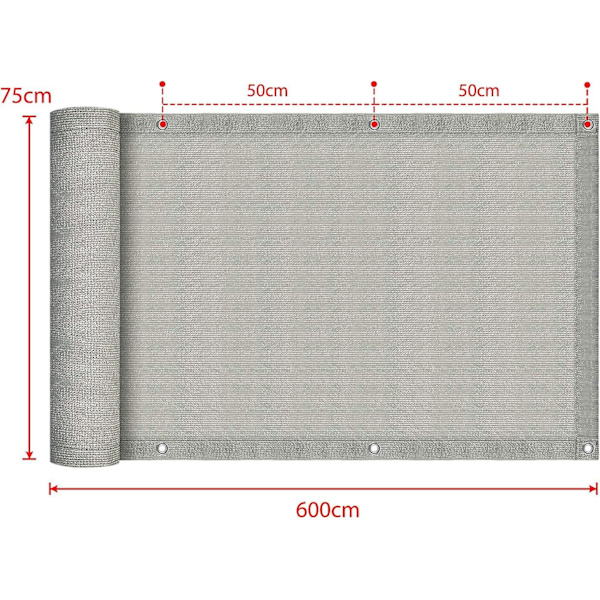 75x600cm Parvekkeen näkösuoja Parvekkeen näkösuoja Hdpe Näkösuoja Parvekkeen näkösuoja Silmukoilla Ja Kiristysnauhoilla, Harmaa