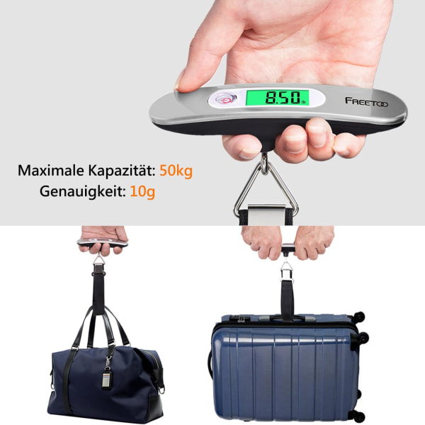 Kuffertvægt til Kufferter, Bærbar Digital Vægt til Rejser med Tarafunktion 110 Lb/ 50Kg Kapacitet (Sølv)