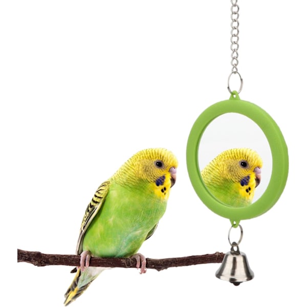 Fugle Spejl med Klokke Interaktiv Papegøje Legetøj Fuglebur Spejl til Kakadue Parakitter Kanariefugle Budgie (GRØN) GREEN