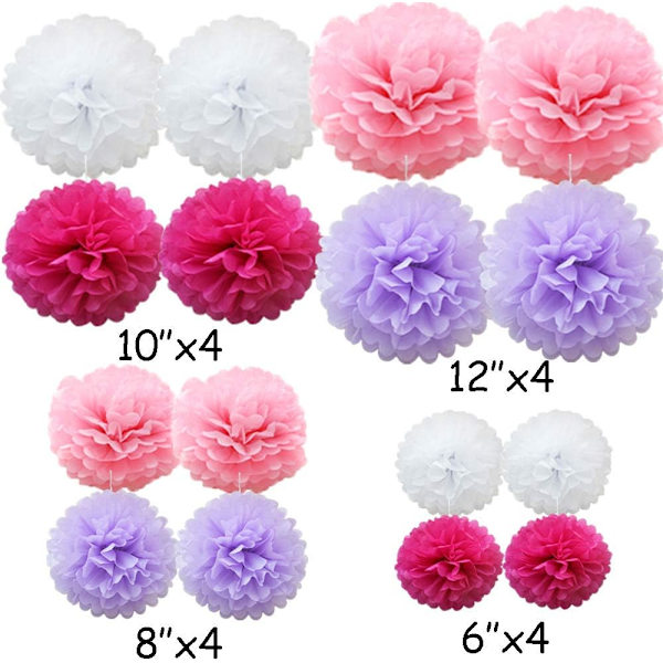 16 st blandade silkespapperspompoms, handgjorda bröllops- och festdekorationer, lila nyans Purple Shade