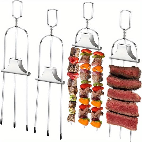 Sæt med 2 – 430 rustfrit stål BBQ-spyd – 14-tommer 3-gaffelsspyd i rustfrit stål
