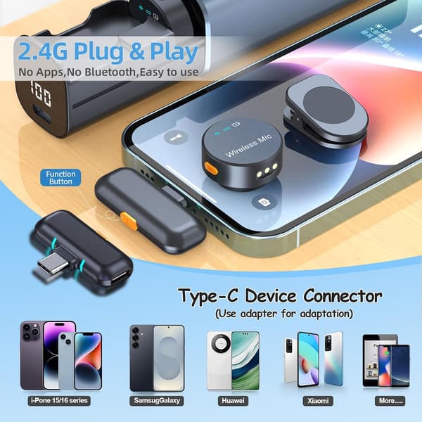 Trådløs Lavalier Clip Mikrofon for iPhone Android, Magnetisk Mikrofon med 3-modus Støyreduksjon, 30m Rekkevidde Lang Batterikasse