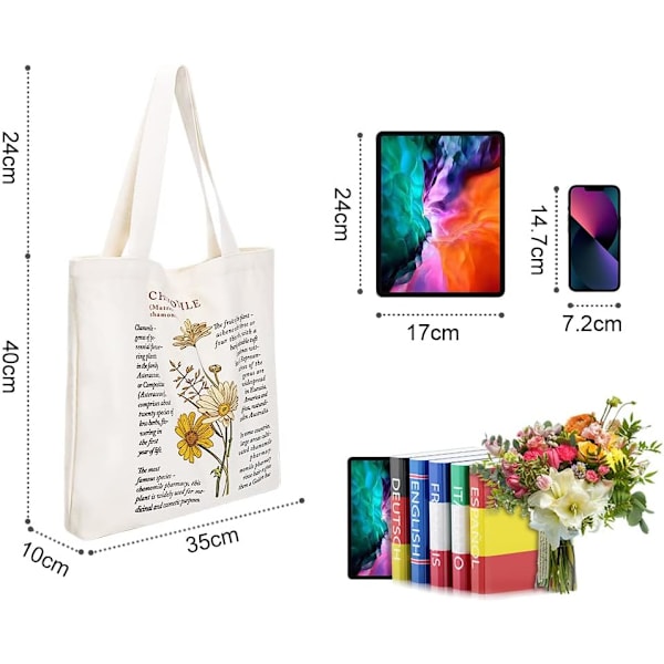 Canvas-kassit, Olkalaukut Naisille ja Tytöille, Rento Canvas-kassit, Uusiokäyttöiset Ostoskassi, Koululaukku Yliopistoon, Kouluun, Työhön, Ostosmatkoille Chamomile
