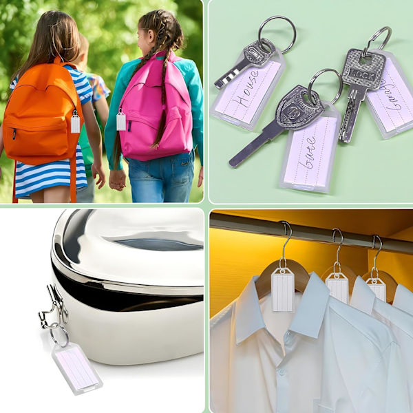 Hvite nøkkelbrikker i plast med etiketter - 60-pakning med solide nøkkelring-ID-identifikatorer med klart etikettvindu og sterk splittring for bagasje White Medium
