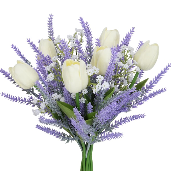 Buketter af kunstige blomster, lilla falsk plastiklavendel med hvide tulipaner, blomsterarrangement, forårsblomsterdekoration