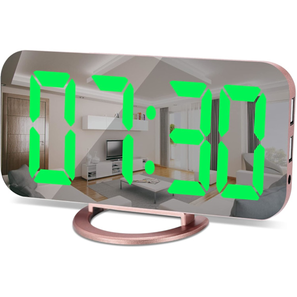 Digital väckarklocka, 6,5 tum stor LED-spegelklocka, med 2 USB-laddningsportar, automatisk dimmer, 12/24H, modern skrivbordsklocka för hem, sovrum, kontor Rose Goldgreen