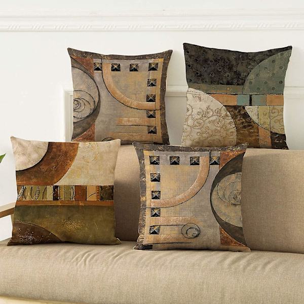 Sæt med 4 vintage geometriske dekorative pudebetræk pudebetræk pudebetræk 18 x 18 tommer til stue, sofa og seng (brun)