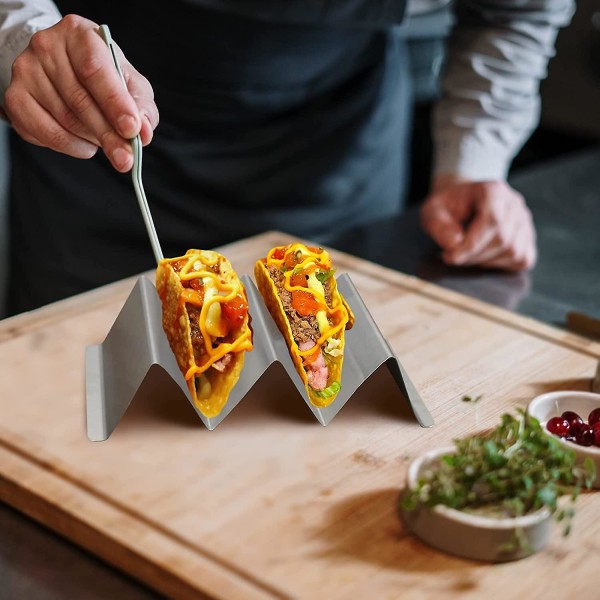 Tacoholder i rustfrit stål Tacostativ med håndtag Tacoholdere Stativbakker til 3 tacos ovngrill og opvaskemaskine Tåler sæt med 2 stk.