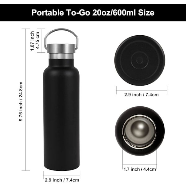 Svarte rustfrie stål vannflasker, 600 ml vakuumisolert dobbelvegget reiseflaske med lekkasjesikker lokk med håndtak, metall gjenbrukbar standard munn F Black
