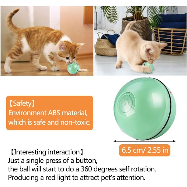 Interaktiv kattleksak boll, automatisk roterande rullande bollar, USB-laddningsbar LED-ljusunderhållning, husdjursträningsleksak för kattunge valp Green
