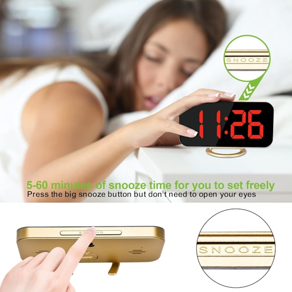 Digital väckarklocka, 6,5 tum LED och spegel elektronisk klocka, med dubbla USB-portar, batteribackup, automatisk dimmer, modern skrivbords klocka för sovrum Goldred