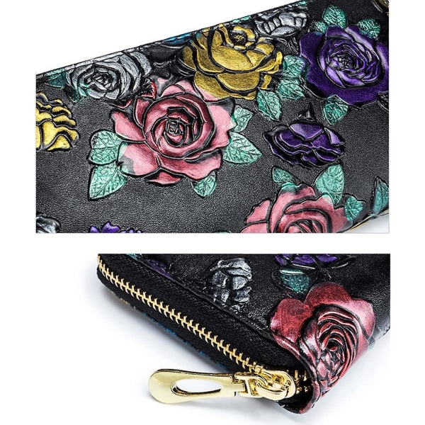 Women's Rose Flower Long Leather Wallet 3d Stereo Multi-card Floral Wallet (q)