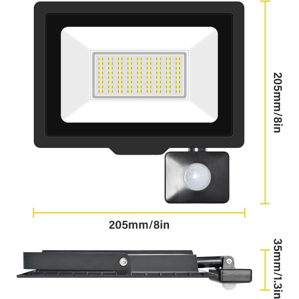 LED-säkerhetsljus utomhus rörelsesensor 50W LED-strålkastare 5000lm IP66 vattentät PIR-lampor dagsljusvitt 6500K vägglampa för trädgårdsbakgård Ga Daylight White 6000k 50W