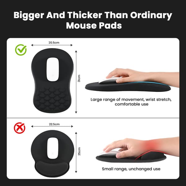 Musemåtte med håndledsstøtte og massagedesign, ergonomisk musemåtte til gaming, håndledsstøtte smertelindrende musemåtte med memoryskum (30,5 x 20,3 cm, sort)