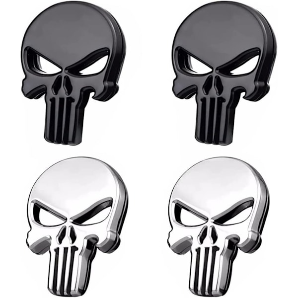 4Pcs 3D Skull Punisher Vehicle Car Sticker Metal Decal Motorcycle Waterproof Decoration Cars Trucks Motorcycle Vehicle (Black & Silver)