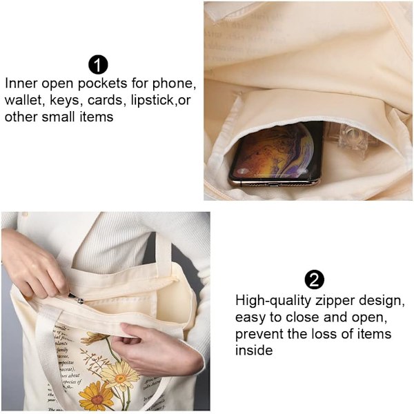 Canvas Tote Bag, Skuldertaske Håndtasker til Piger Kvinder, Casual Canvas Totebag Genanvendelig Indkøbstaske Skoletaske til College Skole Arbejde Indkøb Chamomile