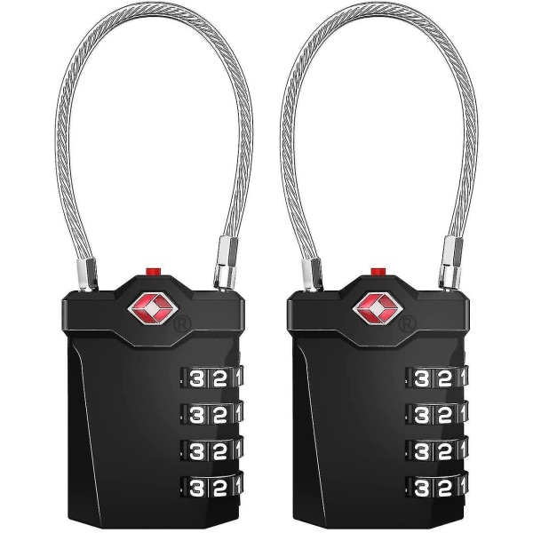 Kufferthængelåse, Tsa 4-cifret kombinations-bagagelåse med åbningsalarm, Hængelåse til fitness-kabelskabe (2 stk., sort)