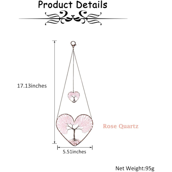 Vaaleanpunaisen ruusukvartsi sydämen elämänpuu unelmanpyydystin riippuva koriste boheemi kaksinkertainen sydän elämänpuu kristalli ikkuna auto seinä taide riippuva koriste Rose Quartz Heart Tree of Life