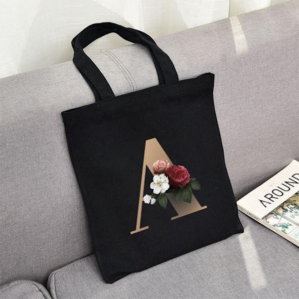 26 bokstäver tryckt canvas återanvändbara matkassar, hopfällbar casual resehandväska, axel strand tote väskor, shopper väska miljövänlig super stark tvättbar Gold a