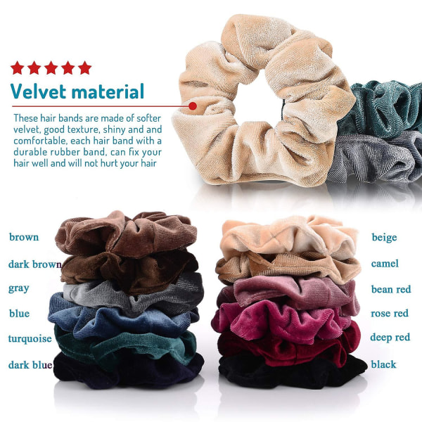 12-pack hår scrunchies i premium sammet, elastiska hårband för flickor och kvinnor, håraccessoarer (12 färger)