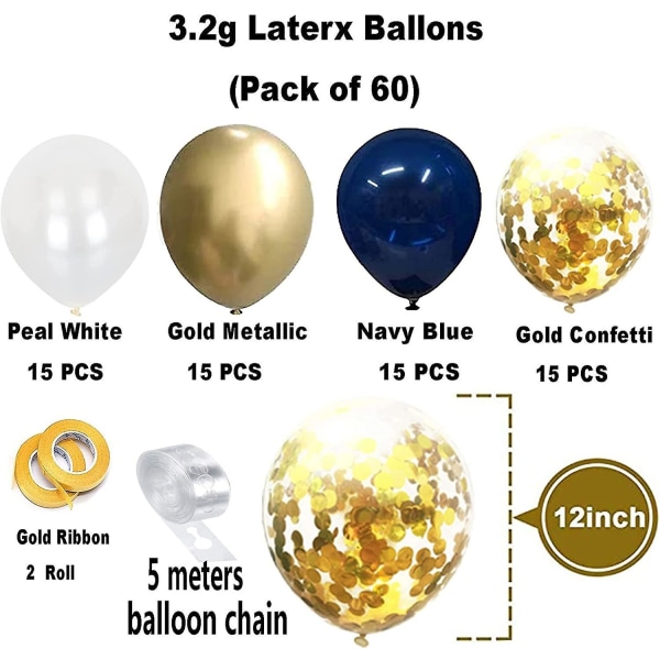 Set med 60 ballonger, 12 tums marinblå ballonger Guld metalliska ballonger Vita latexballonger Konfettiballonger Heliumballonger för bröllopsfödelsedagsdel