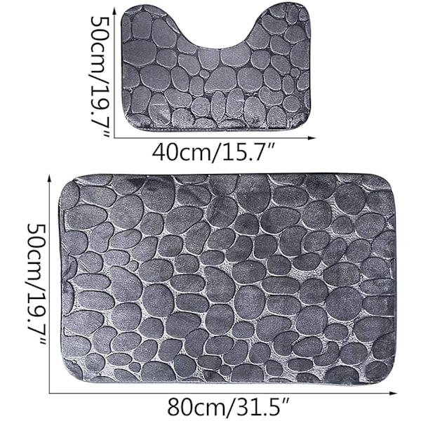 Set med 2 sklisikre baderomsmatter, myke baderomspiedestallmatter, absorberende toalettmatter, U-formet kontur Wc, maskinvaskbar grå