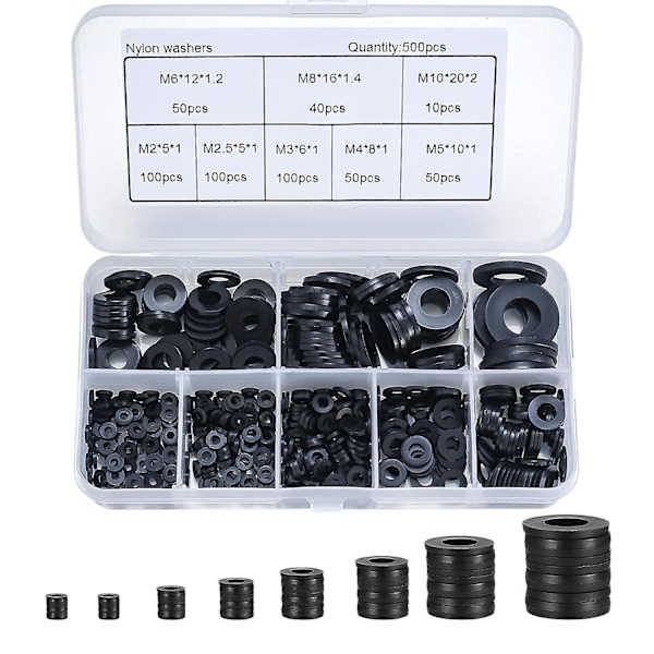 500 st svarta nylonplattbrickor, runda isoleringsbrickor, packning, distansbricka, VVS-sortiment - M2/m2.5/m3/m4/m5/m6/m8/m10