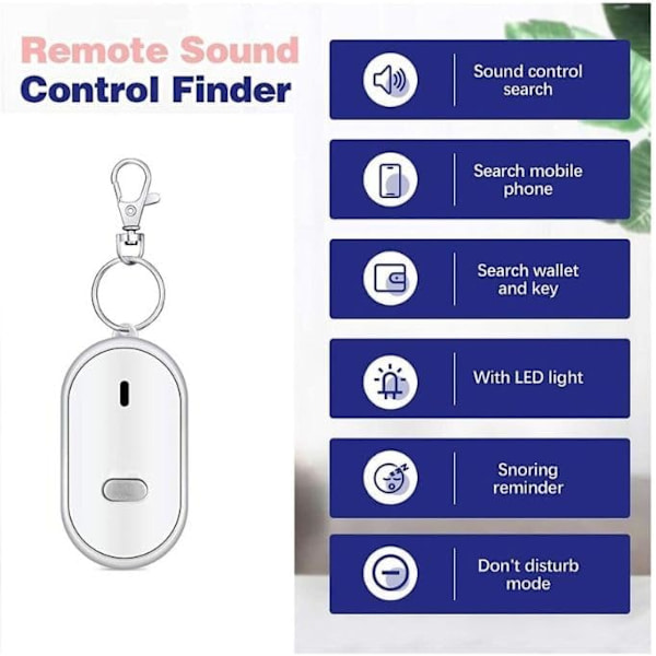 KeyFinder (hvit), nøkkelringlokalisator for å finne tapte nøkler, smart nøkkelfinner, fløyteaktivering, LED-lydnøkkelring, alarm og blinkende lys