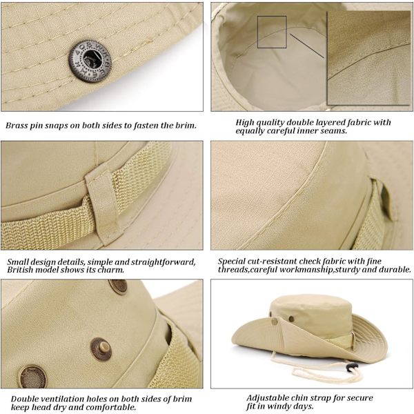 Solhatter Safari Hat UV-beskyttelse Bred brem Sommerhatt Bomull Sammenleggbar Fiske Turgåing Cap Pustende Cowboy Stil Boonie Hat for Menn Kvinner Utendørs Beige One Size