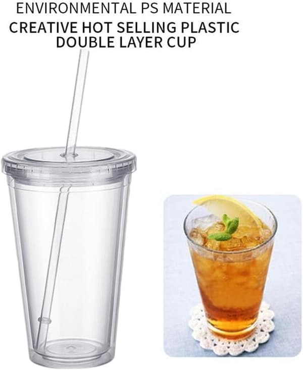 Dubbelväggig plastmugg med lock och sugrör, isolerad kaffemugg, 650 ml, transparent 650ml