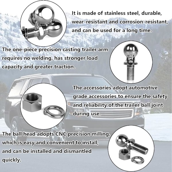 2'' Trailer Hitch Ball 50mm Ball Head Bolt Drawbar Straight Towing Car Tow Bar Receiver, För Dragstång Upp Till 5 Ton Traktorförlängning