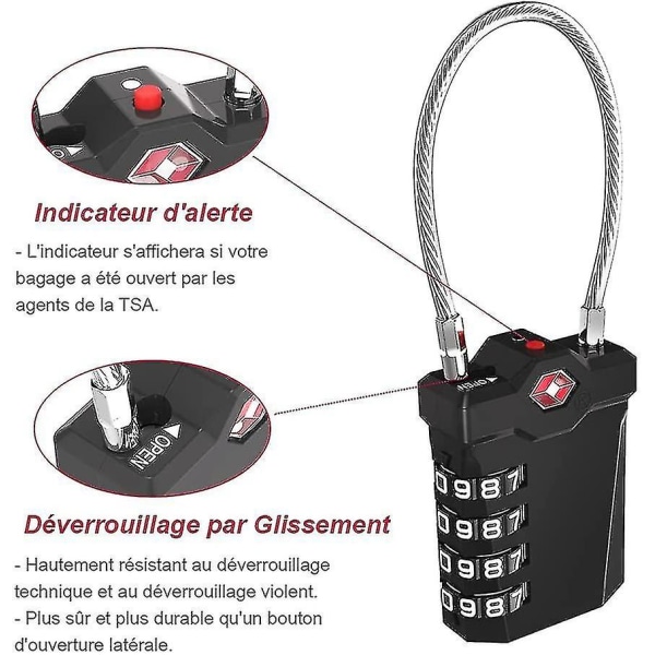 Kofferthengelåser, Tsa 4-siffer kombinasjonsbagasjelåser med åpningsalarm, hengelåser til treningsstudiokabel (2 stk, svart)
