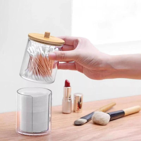 Akryl opbevaringsboks badeværelse krukke makeup organizer bomuldsrondelholder bomuldspind boks Qtip holder dispenser med bambus låg