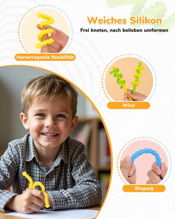 6 fleksible sensoriske silikonpinner – stresslindring (ADHD/autisme), bærbare reiseleker