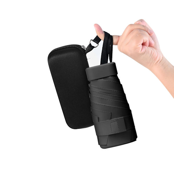 Mini Foldbar Rejse Paraply, Kompakt Paraply Vindtæt Stærk, 6 Ribber Bærbar Anti-UV Paraply med Kapselkasse, Sort