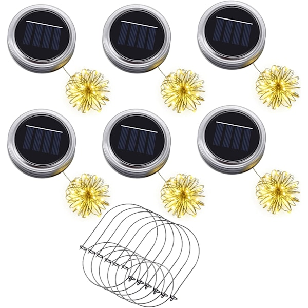 Aurinkokenno-Mason-purkkikannen valo, 6 kpl paristokäyttöinen vedenpitävä LED-valosarja lyhtyineen ja 6 ripustuskoukkuineen (purkkeja ei sisälly), hämärästä aamunkoittoon keijuvalo Holi-juhlaan Warm White 6pcs