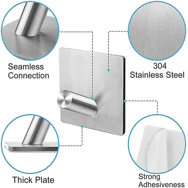 6-pack självhäftande krokar, rostfria självhäftande dörrkrokar, klädkrokar