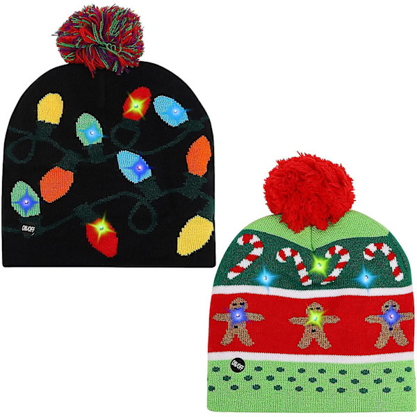 Lysende Julemandshuer (2-pak) - Strækbar Knit Led Julemandshuer