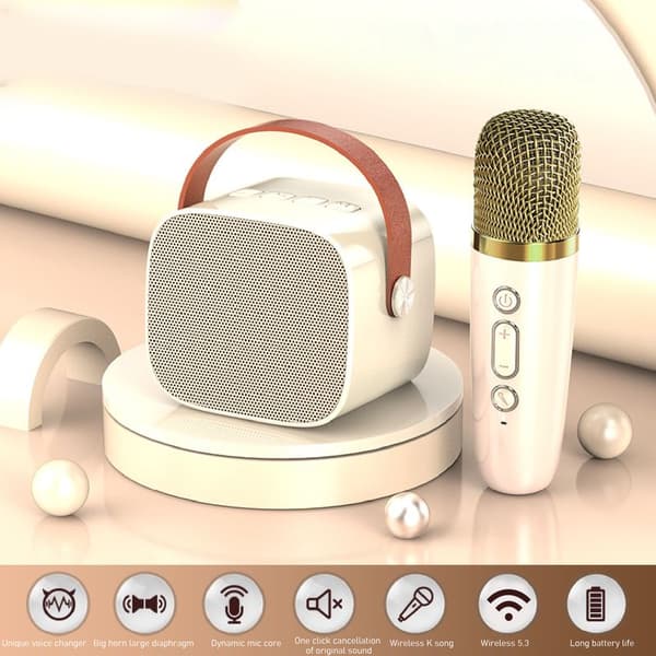Mini karaokemaskinset stöder Bluetooth AUX USB-minneskort bärbar Bluetooth-högtalare med trådlös mikrofon White