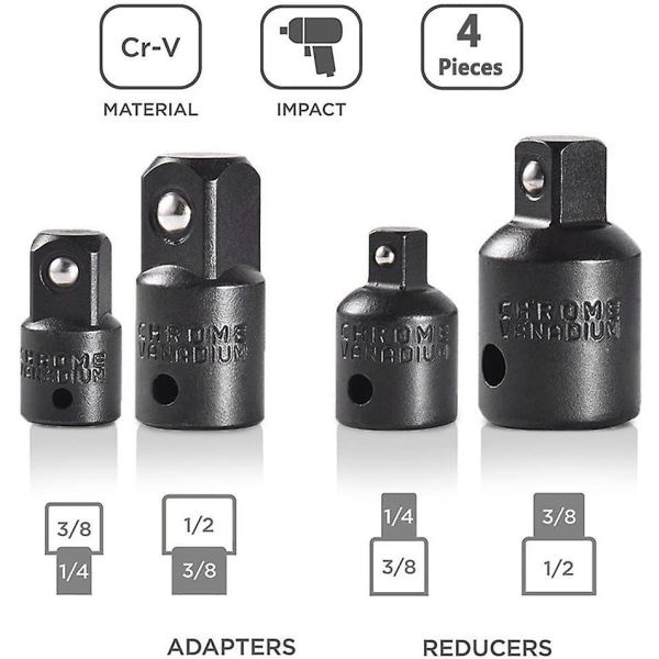 4 stk. forhøyer- og reduksjonssett skralleadapterreduksjonsadaptere for 1/2\" 1/4\" 3/8\" drivhylser og bits
