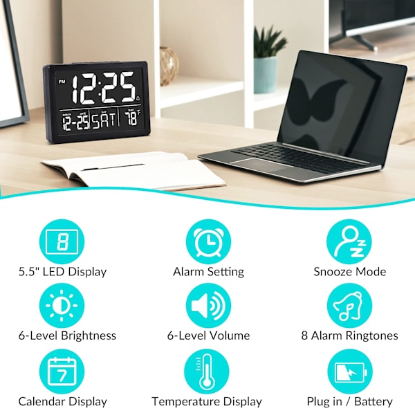 Väckarklocka, Digital Klocka, Elektrisk Digital Klocka med 5,5\" LED-Display, Ljusstyrka, Justerbar Volym, Datum och Temperatur, Bordsklocka för Sängar black