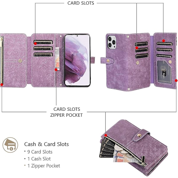 Korthållare Crossbody Telefonfodral För Iphone 14 Pro 6.1 Tum Lila Flera Fack Vintage Läderplånbok Med Stötskyddande Vändbar Handledsrem Korthållare Blixtlås P