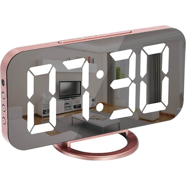 Väckarklocka för sovrum, LED och spegel digital klocka stor skärm, med dubbla USB-laddningsportar, automatisk dämpning, snooze-läge, modern skrivbords-/väggmonterad elektronisk Rosegold