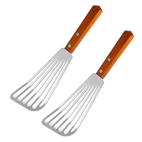 2x Rustfrit Stål Fisk Spatel Vendespatel, Træhåndtag Fisk Spatel, Spalte Vendespatel, Køkken Spatel F(hy)