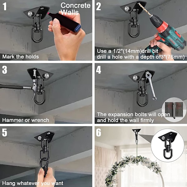 Loft Hængekøje Loftkrog 360° Drejelig, Sving, Suspension, Krog Med Skruer Til Beton, Træ, Legeplads, Veranda, Trapez Sæde, Yoga