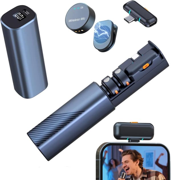 Trådløs Lavalier Clip Mikrofon til iPhone Android, Magnetisk Mikrofon med 3-tilstands Støjreduktion, 30m Rækkevidde Lang Batterikasse