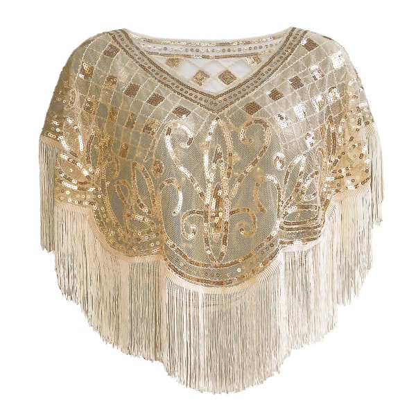 Vintage 1920'er Kvinders Sequined Mesh Skinnende Scalloped Poncho Mesh Broderet Blad Bluse Fest Champagne Guld