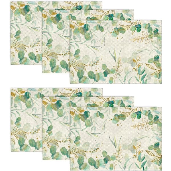 ion Grön Eukalyptus Sommarset med 6 Matskivor, Säsongsbetonad Vårfrukostbord Dekoration Inomhus Semesterfest Dekor 30 x 45cm Grön/guld 30 x 45 cm, 6er Set